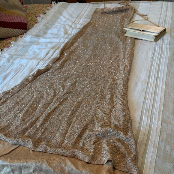 Vintage Y2K Jump Brand Body-Con Gown – Deep Gold Glitter, Size 3/4, NWT - Picture 2 of 7